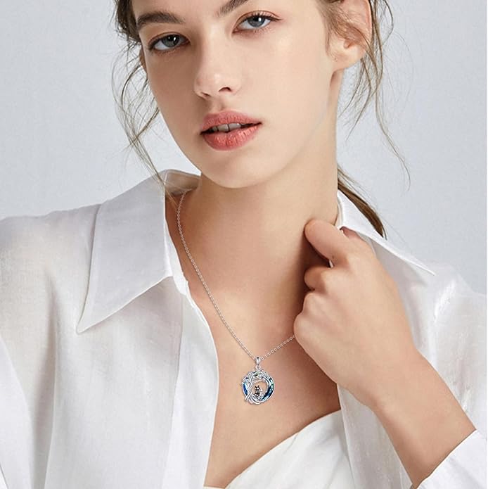 Tree of Life Necklace Sterling Silver Sister Pendant Blue Crystal Jewelry Gift for Women