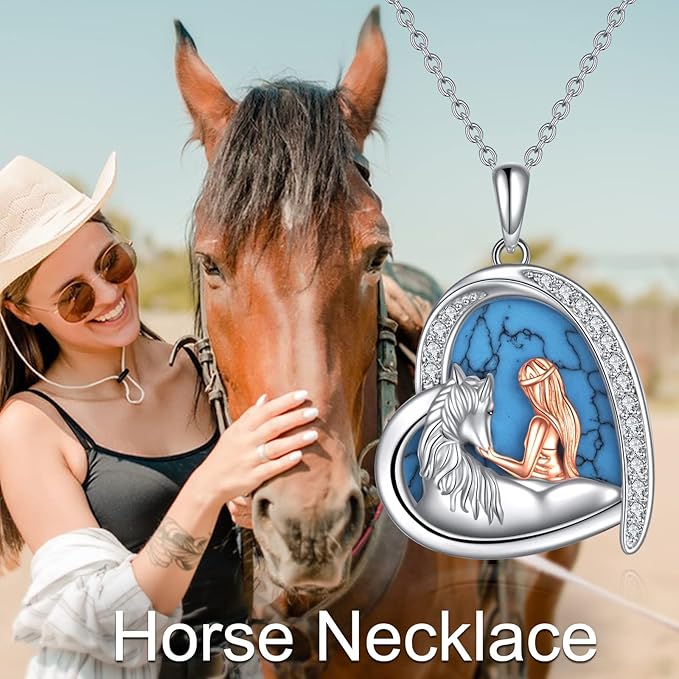 Sterling Silver Turquoise Love Heart Horse Pendant Necklace for Women Horse Lovers