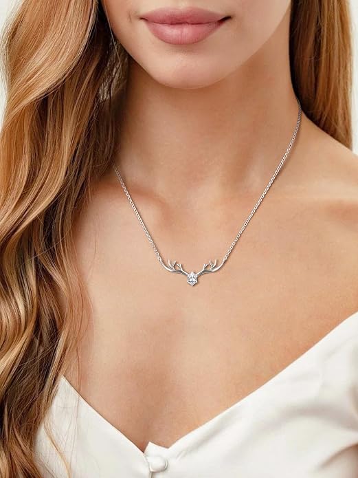 Silvora 925 Sterling Silver Deer Antler Necklace, Antler Deer Jewelry Antler Pendant Choker Birthstone Necklace Christmas Jewelry for Women