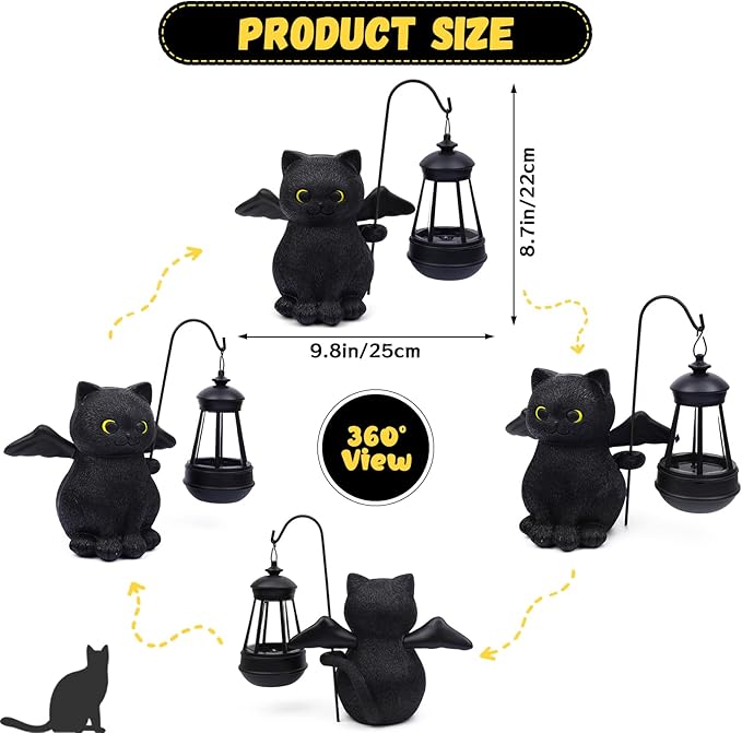 Solar Garden Statue Cat Figurine, Angel Black Cat Statues Garden Decor with LED Light Outdoor Statue for Patio Balcony Lawn Ornament, Housewarming Garden Gifts for Mom Dad Grandma