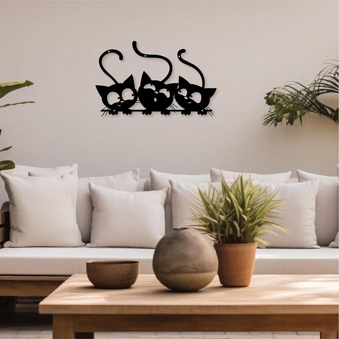 Three Black Cat Wall Art, Metal Cat Wall Decor, Black Cat Wall Sculpture for Cats Lover, Minimalist Room Living Room Patio Wall DéCor (Length: 24 Inches)