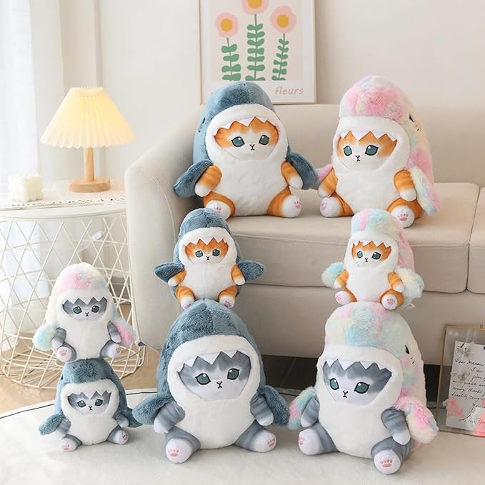 Shark Cat Plush Toy, Cute Fried Shrimp Shark Stuffed Animals Doll, Kawaii Shark Cat Plush Pillow Toy Birthday for Kids Boys Girls (12inch, Blue Grey)