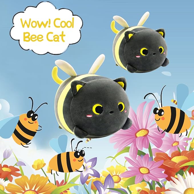 Bee Cat Plush Pillow, 8" Cute Cats Honeybee Stuffed Animals, Kawaii Cats Plushie, Soft Stuffed Bees Cat Plush Hugging Doll Toy for Kids Girls Boys Birthday Christmas