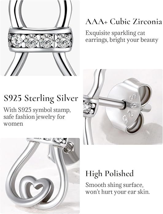 SILVERCUTE Cat Earrings for Women Girls 925 Sterling Silver Hypoallergenic Lovely Animal Stud Earrings Cat Lovers Gift