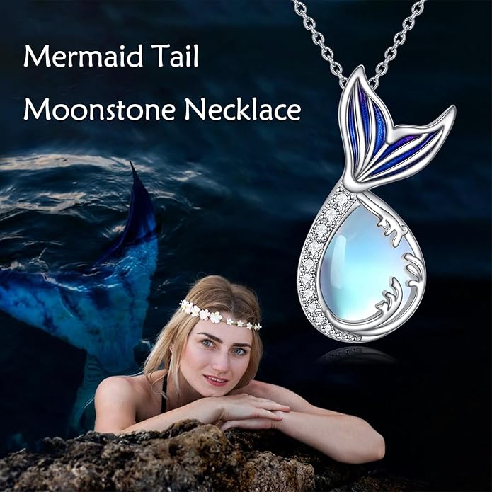 Teardrop Moss Agate/Turquoise/Moonstone/Larimar Mermaid/Fox/Cat Necklace Sterling Silver Pendant Necklace Jewelry Gifts for Women