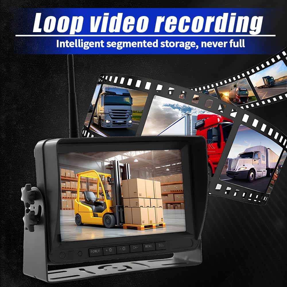 7-inch Forklift Reversing Monitor, HD Night Vision 1080P Magnetic Wireless Reversing Camera, Waterproof IP68, IR Laser Positioning Camera for Forklifts, Vans, Trucks and Trailers