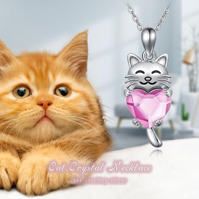 JUSTKIDSTOY Sterling Silver Cute Animal Pendant Necklace with Crystal Cat Pendant - Women's Cat Lovers Jewelry Gift