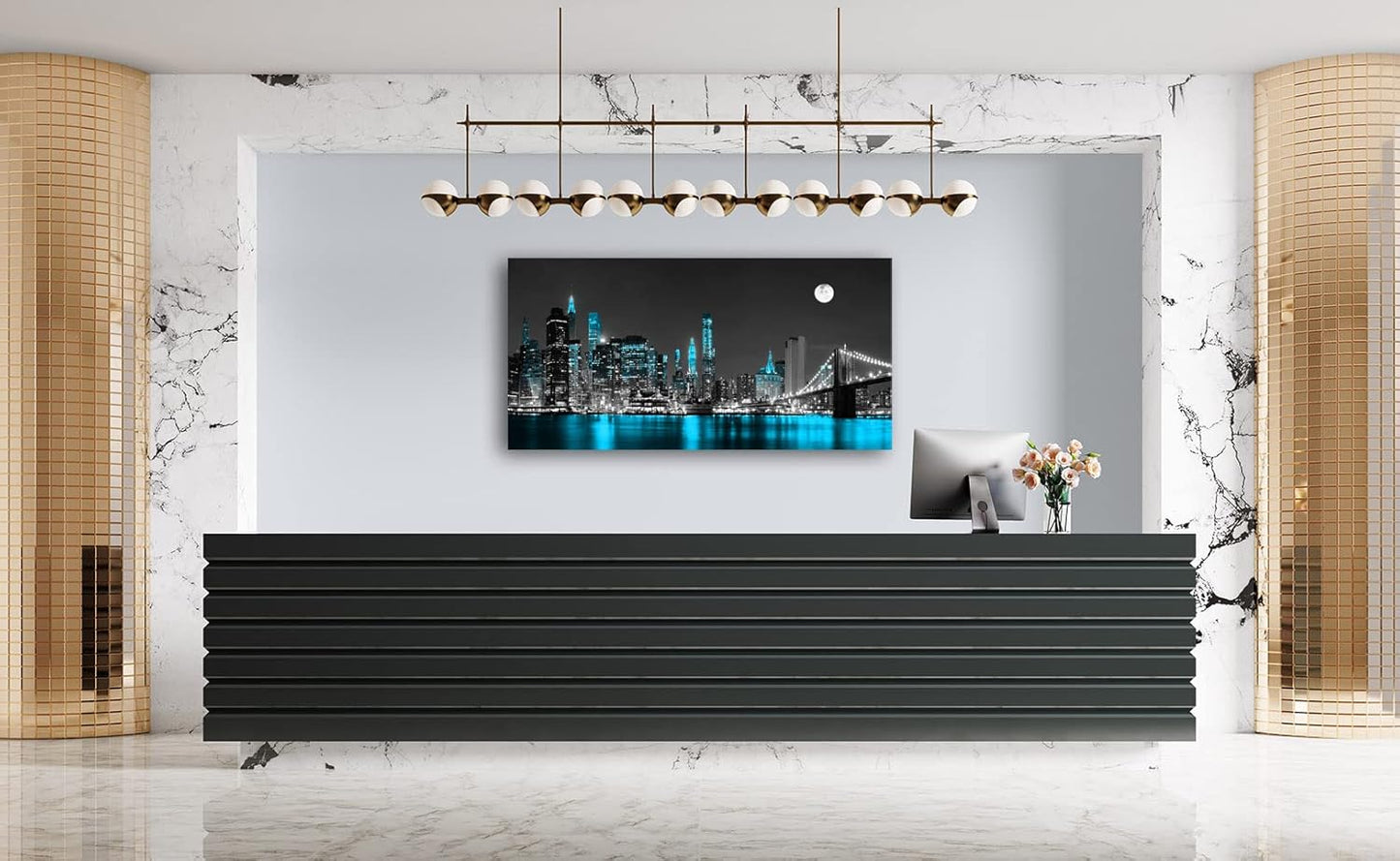Jiuqinghua Wall Art Decor Canvas Print Picture 1 Panel Black White and Blue New York Brooklyn Bridge Cityscape Night Building Painting for Kitchen Office Home Decor Framed Ready to Hang 20x40inch