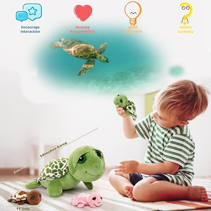MorisMos Sea Turtle Stuffed Animal with Babies, 14'' Mommy Stuffed Turtle with 3 Babies & 2 Plush Eggs in Tummy, Big-Eyed Sea Tortoise Toys for Kids Toddlers,Sea Stuffed Animals,Tortoise Plush Pillow