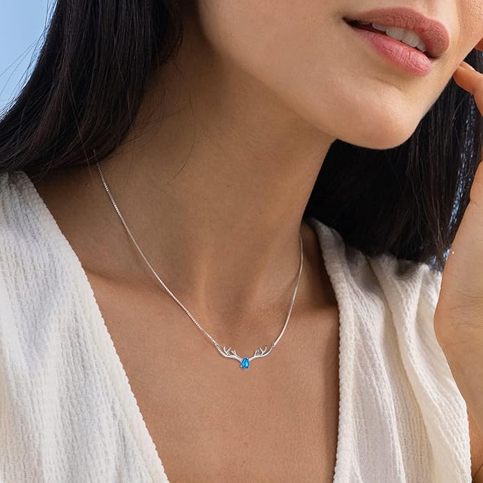 SILVERCUTE Sterling Silver Birthstone Necklaces for Women, Xmas Antler Deer Pendant Necklace with Colorful Cubic Zirconia,16-18 inches