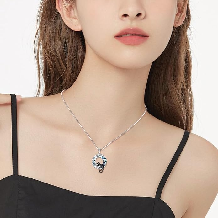 AOBOCO Cat Necklace Sterling Silver Bat Black Cat Quartz Cat Necklace Ghost Pumpkin Pentagram Witch Pendant Necklace Halloween Gifts for Women