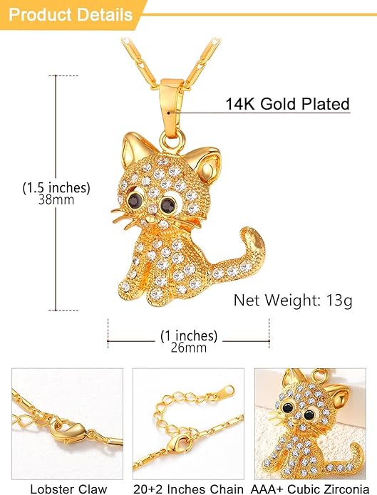 U7 Cat Pendant Necklace for Women Stainless Steel Cute Kitty Cat Jewelry Gift