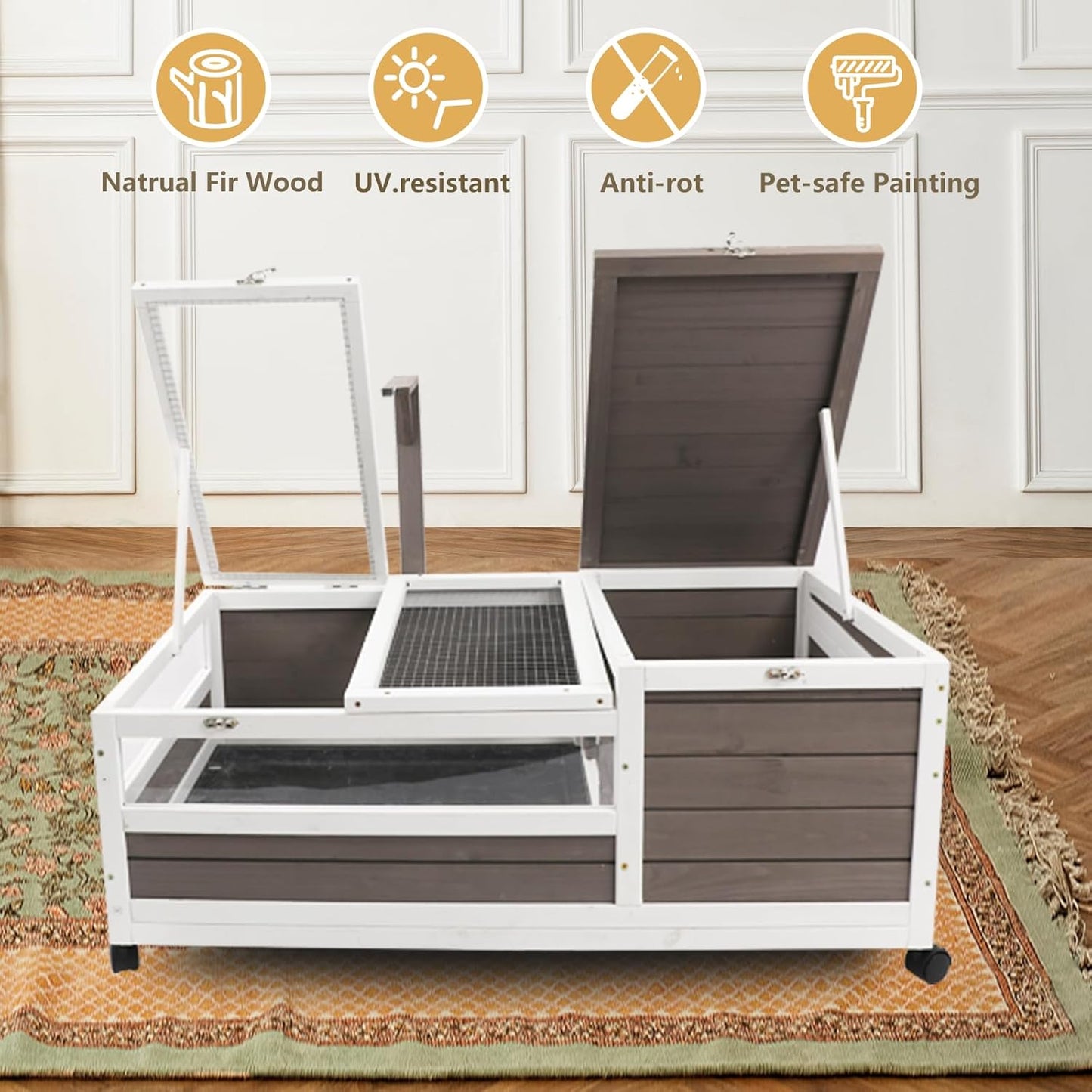 Tortoise Habitat Cage on Wheels with Lamp Stand & Pull-Out Waterproof Tray – Large Wooden Tortoise House, Indoor Outdoor Reptile Enclosure 39''L*23''W*14''H