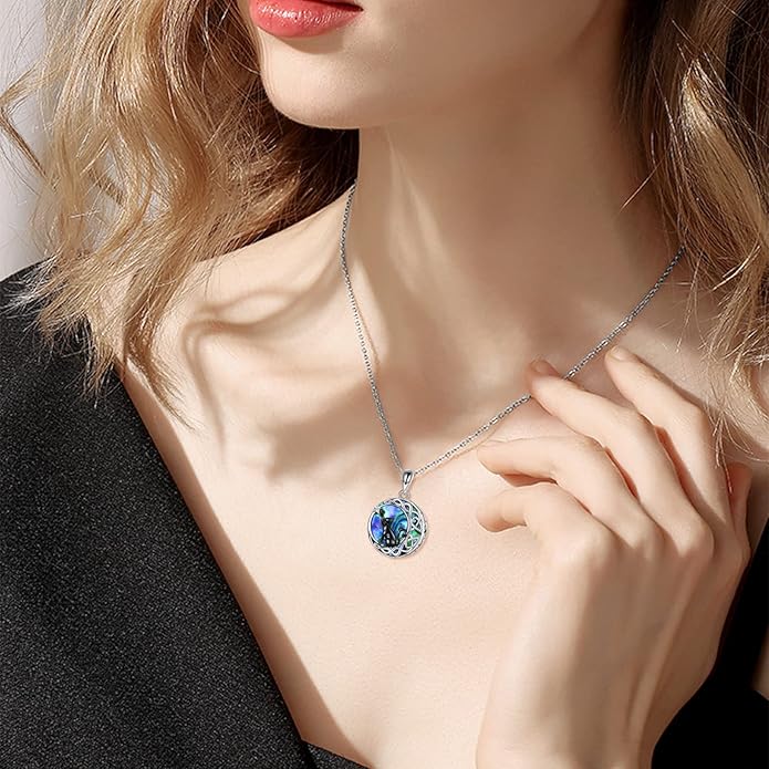 925Sterling Silver Moon Black Cat Necklace for Women Tree of Life Cat Jewelry for Women Abalone Necklace for Cat Lover Birthday