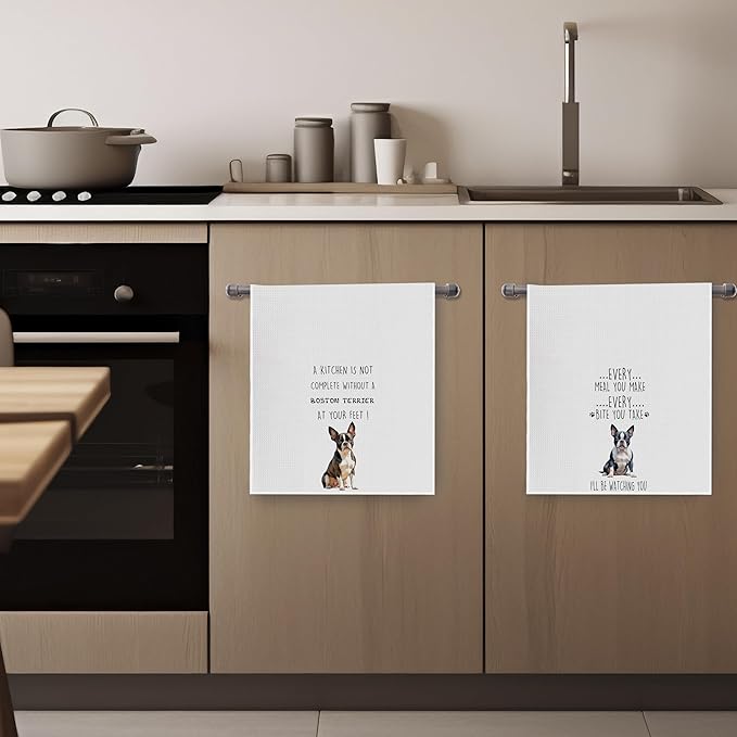 Boston Terrier Dish Towels Set - Decorative Waffle Weave Kitchen Hand Tea Towels, Funny Gift (1624 Inches, Set of 2)