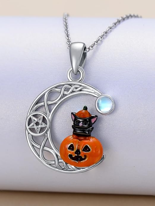 Black Cat/Dragon/Fox/Wolf Necklace 925 Sterling Silver Celtic Moon Pentagram Pendant Gothic Jewelry Goth Halloween Gifts for Women