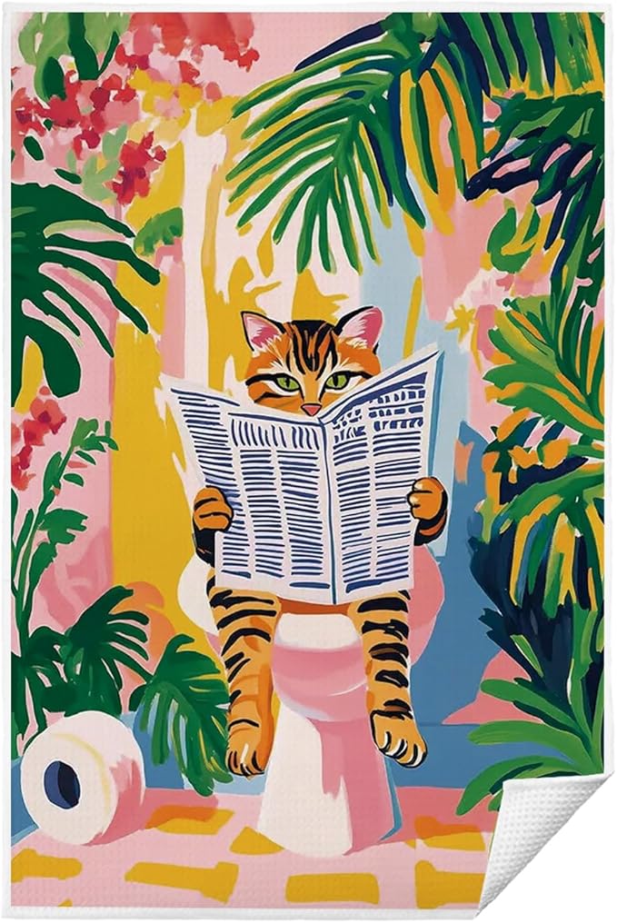 Trendy Maximalist Newspaper Tabby Cat Bathroom Hand Towels, Tropical Botanical Cat Kitten Decorative Hand Towels for Bathroom Decor, 16x24 Inch