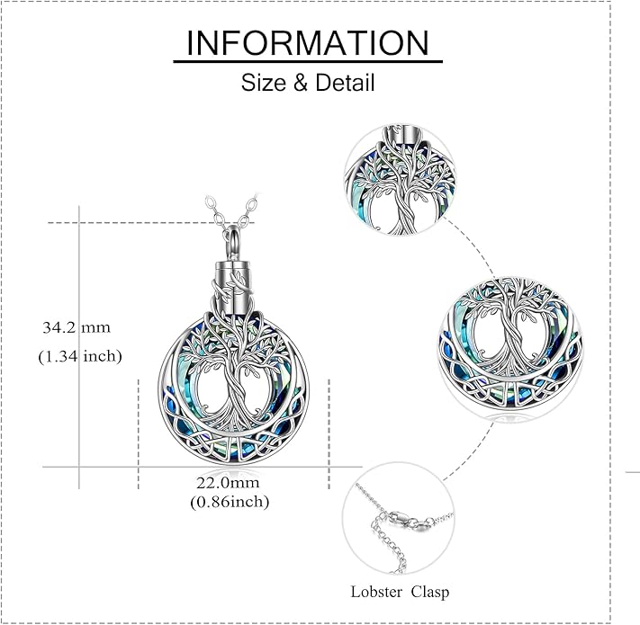 Tree of Life Urn Necklaces for Ashes 925 Sterling Silver Tree of Life Crystal Cremation Jewelry for Ashes Memory Jewelry for Women Men