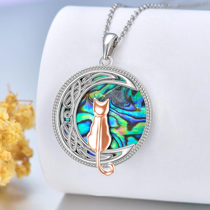 TOUPOP Cat Necklace Sterling Silver Abalone Shell Celtic Cat on the Moon with Abalone Shell Birthday Christmas Jewelry Gifts for Women