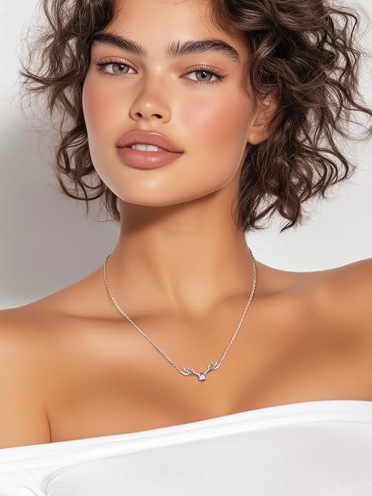 Silvora 925 Sterling Silver Deer Antler Necklace, Antler Deer Jewelry Antler Pendant Choker Birthstone Necklace Christmas Jewelry for Women