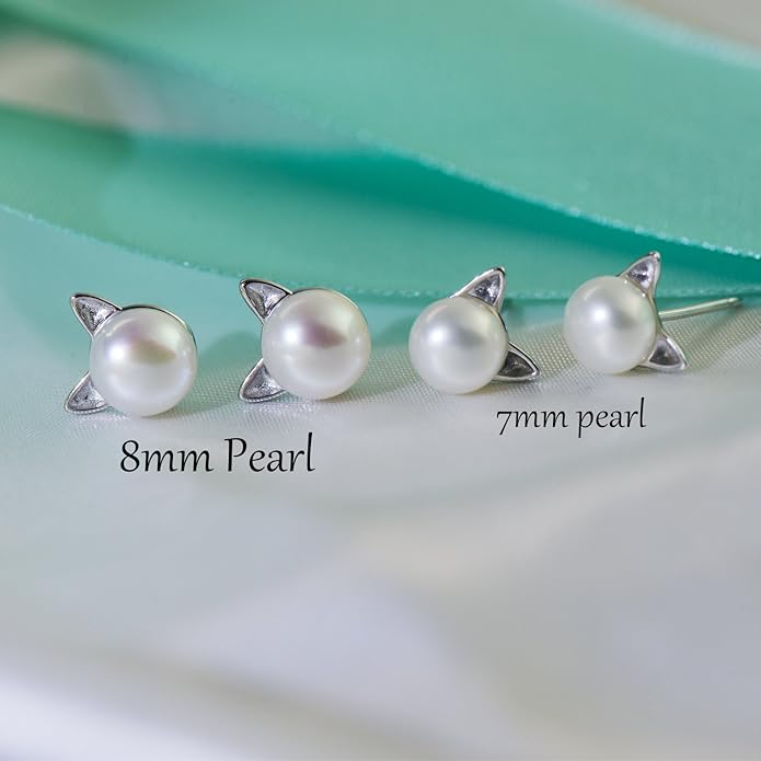 Wicary Cat Earrings Sterling Silver Pearl Earrings for Women Cat Stud Earring for Cat Lovers