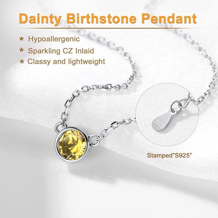 SILVERCUTE Sterling Silver Birthstone Necklace for Women,Dainty Silver Pendant Necklace with Round Cubic Zirconia,16"-18"