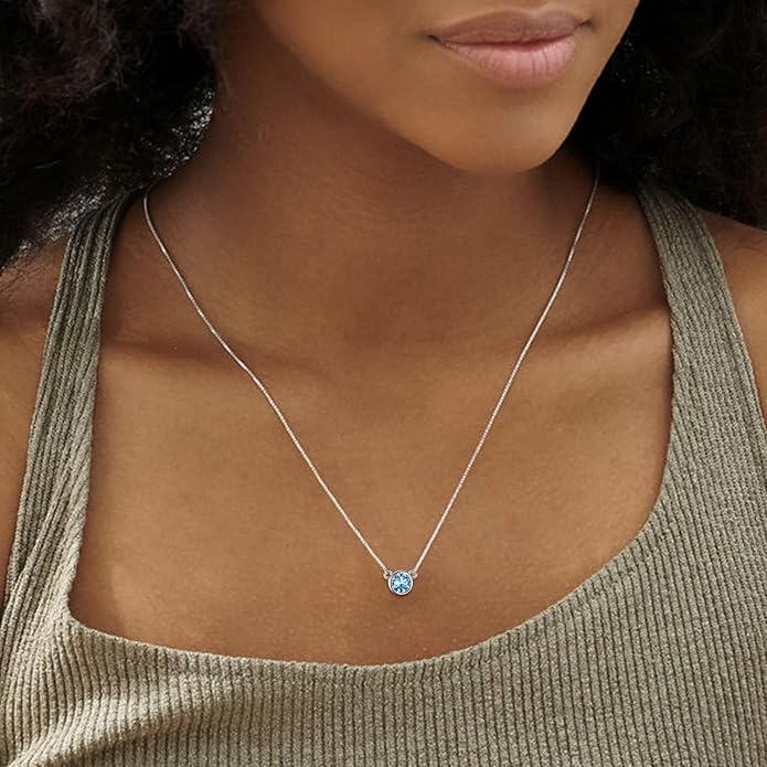 SILVERCUTE Sterling Silver Birthstone Necklace for Women,Dainty Silver Pendant Necklace with Round Cubic Zirconia,16"-18"
