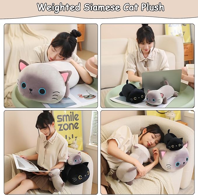 SQEQE Weighted Siamese Cat Plush, Weighted Siamese Cat Stuffed Animal, Cute Plushies Soft Pillow Toy Gift for Kids Adults 23.6 Inch, 3.1 Lbs