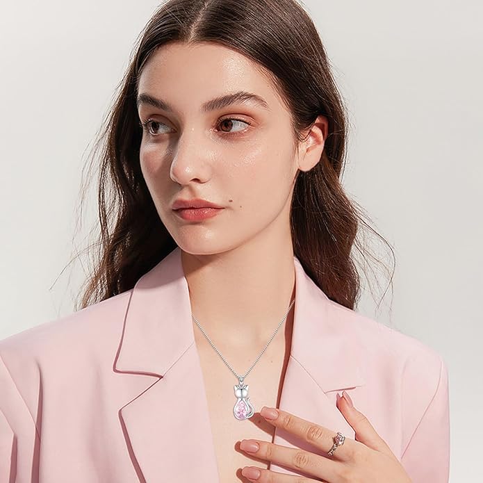 Odinstone Cat Birthstone Necklaces Jewelry Sterling Silver Cat Pendant Necklace Gift for Women Gifts, 18'' Silver Box Chain Women's Birthstone Crystal Cat Jewelry Gifts