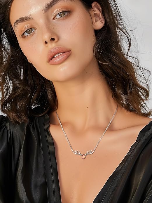 Silvora 925 Sterling Silver Deer Antler Necklace, Antler Deer Jewelry Antler Pendant Choker Birthstone Necklace Christmas Jewelry for Women