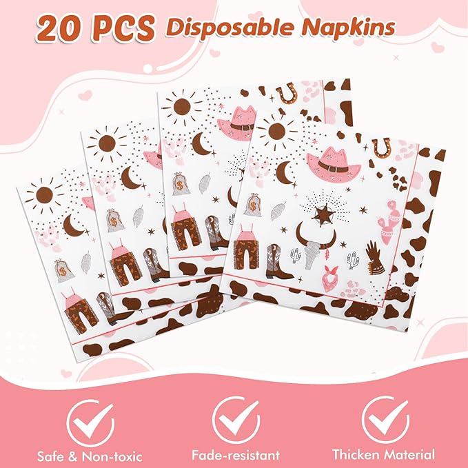 Western Cowgirl Birthday Party Supplies - Wild West Theme Decoration Tableware Include 20 Plates, Napkins and Tablecloth (Serve 20)
