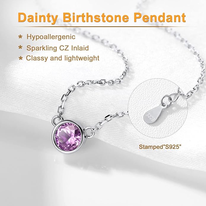 SILVERCUTE Sterling Silver Birthstone Necklace for Women,Dainty Silver Pendant Necklace with Round Cubic Zirconia,16"-18"