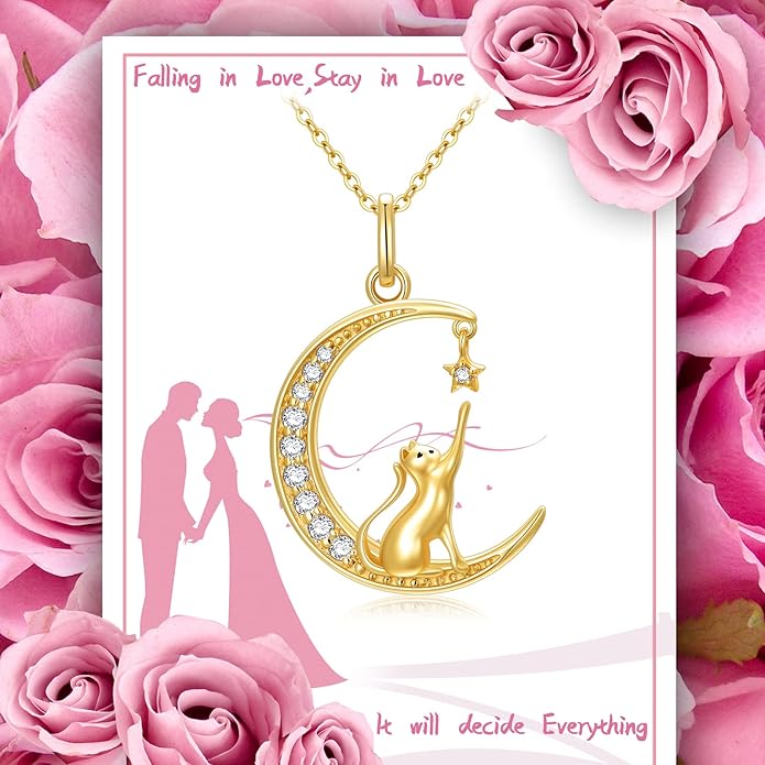SISGEM 14K Real Gold Moon Cat Necklace for Women, Delicate Gold Cat Star Crescent Moon Pendant Anniversary Jewelry Gift for Her,Wife, Mom 18"
