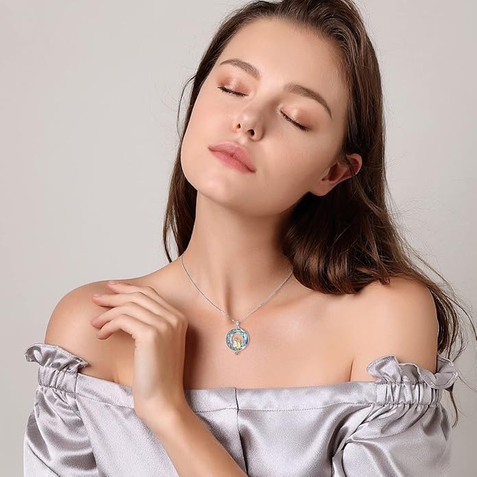 TOUPOP Cat Gifts for Cat Lovers 1 2 3 Cats Necklace Sterling Silver Cat on the Moon Pendant Necklace with Blue Circle Crystal Birthday Christmas Celtic Jewelry Gifts for Women