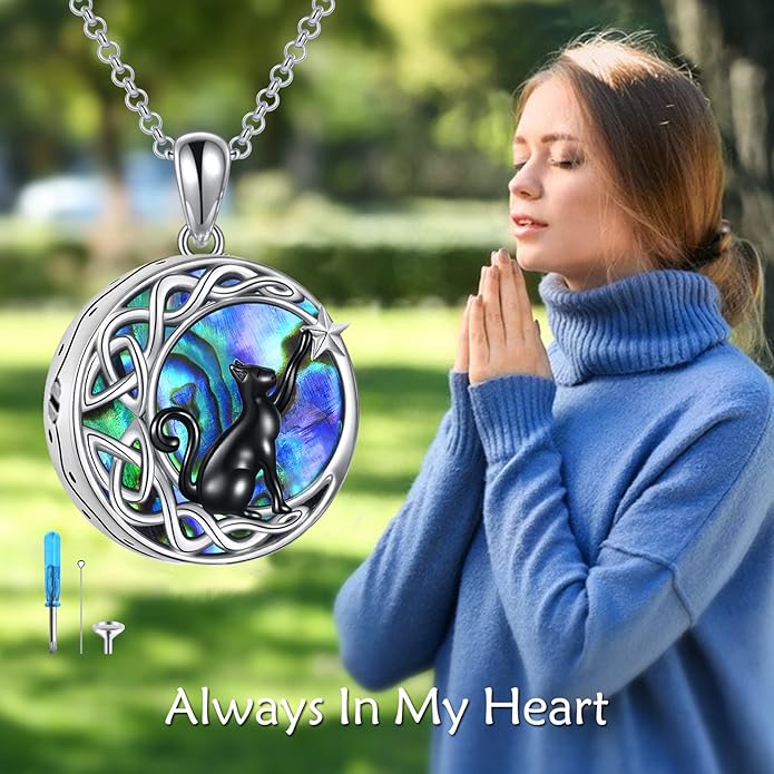 925Sterling Silver Moon Black Cat Necklace for Women Tree of Life Cat Jewelry for Women Abalone Necklace for Cat Lover Birthday