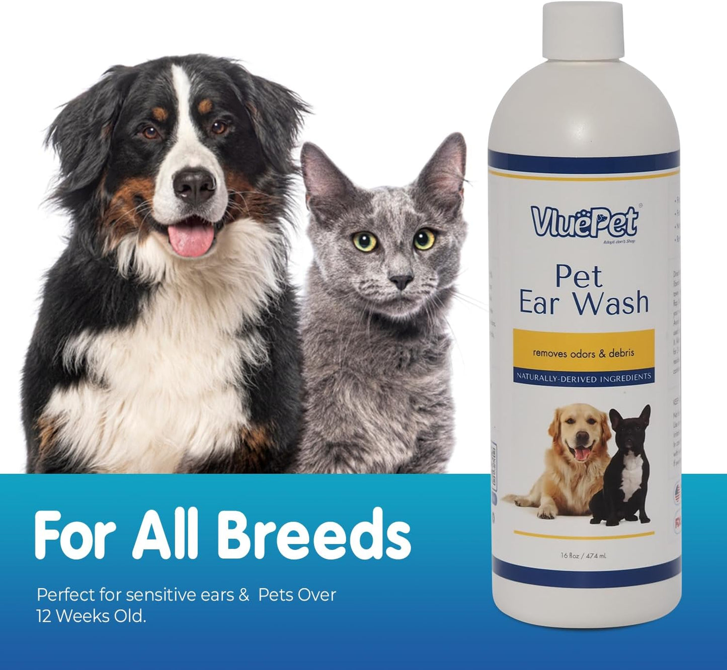 VLUEPET | Pet Ear Wash - Ear Infection Treatment to Relieve Ear Itching & Inflammation for Dog and Cat - Gently Remove Ear Wax - Natural Ingredients and Alcohol Free Ear Wash - All Natural – 16 fl oz