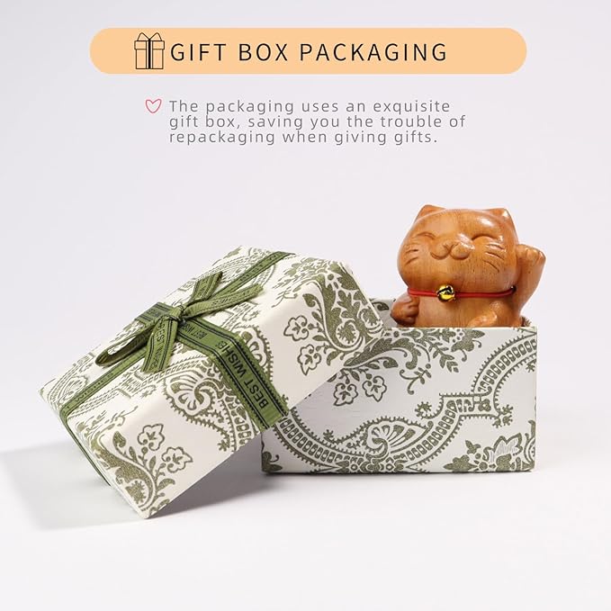 Wooden Maneki Neko Lucky Fortune Cat Figurines, Sculpture Lovely Gift Carved Cat Statue Handmade Wood Kitten Art Carving Work for Home Office Bedroom Living Room Desktop Bookshelf Garden Decoration