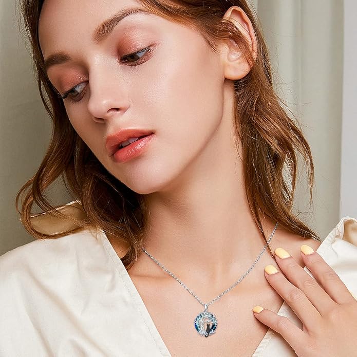 TOUPOP Cat Gifts for Cat Lovers Sterling Silver Cute Cat Tree of Life Pendant Necklace with Blue Circle Crystal Birthday Christmas Jewelry Gifts for Women