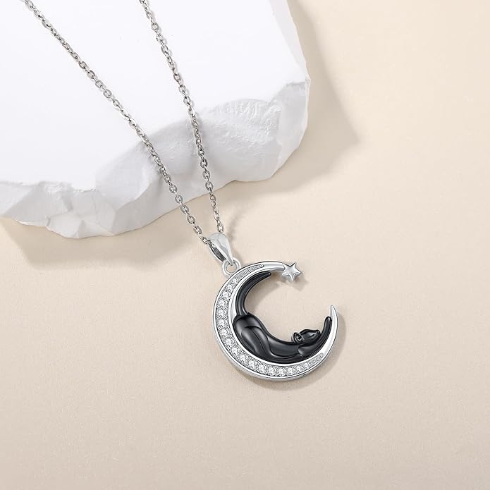 Odinstone Cat Necklace, S925 Sterling Silver Cat on Moon Pendant with Cubic Zirconia, Cat Jewelry Mothers Day Gifts for Mum with Gift Package - I Love You Forever