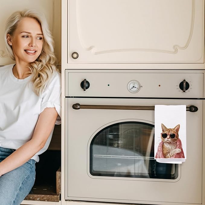 Trendy Tabby Cat Kitchen Towels, Orange Cat Lovers Mom Lady Gifts Decorative Dish Tea Towels for Kitchen, Cute Kitten Kitty Hand Towels for Bathroom, 16x24 Inch
