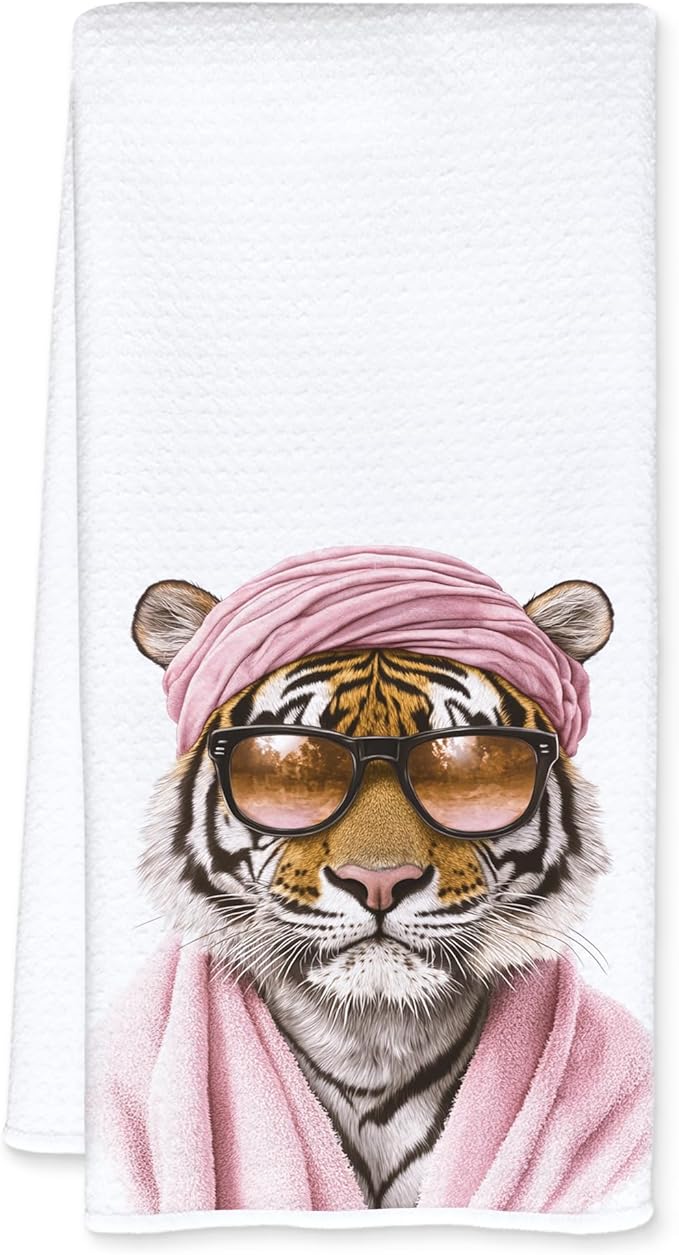 Trendy Sunglasses Tiger Bathroom Hand Towels, Preppy Pink Bathrobe Tiger Hand Towels for Bathroom Washroom Restroom Decor, 16x24 Inch