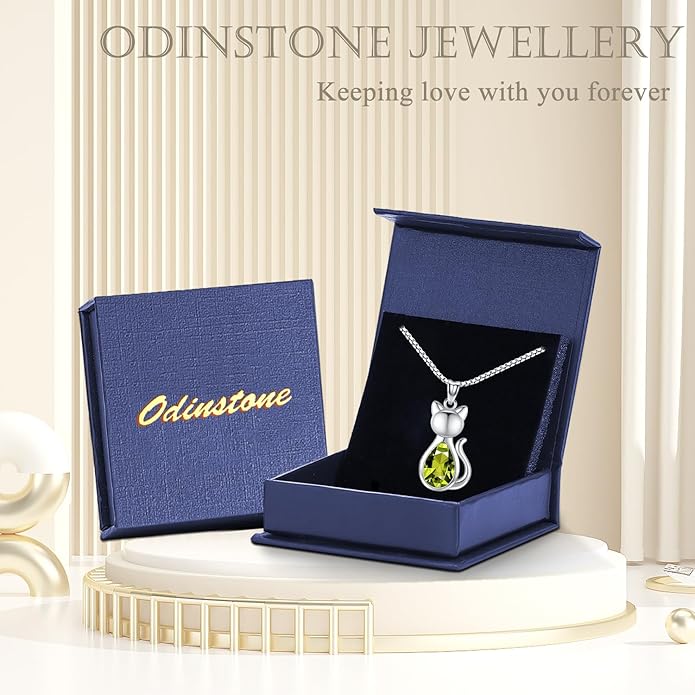 Odinstone Cat Birthstone Necklaces Jewelry Sterling Silver Cat Pendant Necklace Gift for Women Gifts, 18'' Silver Box Chain Women's Birthstone Crystal Cat Jewelry Gifts