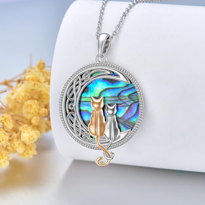 TOUPOP Cat Necklace Sterling Silver Abalone Shell Celtic Cat on the Moon with Abalone Shell Birthday Christmas Jewelry Gifts for Women