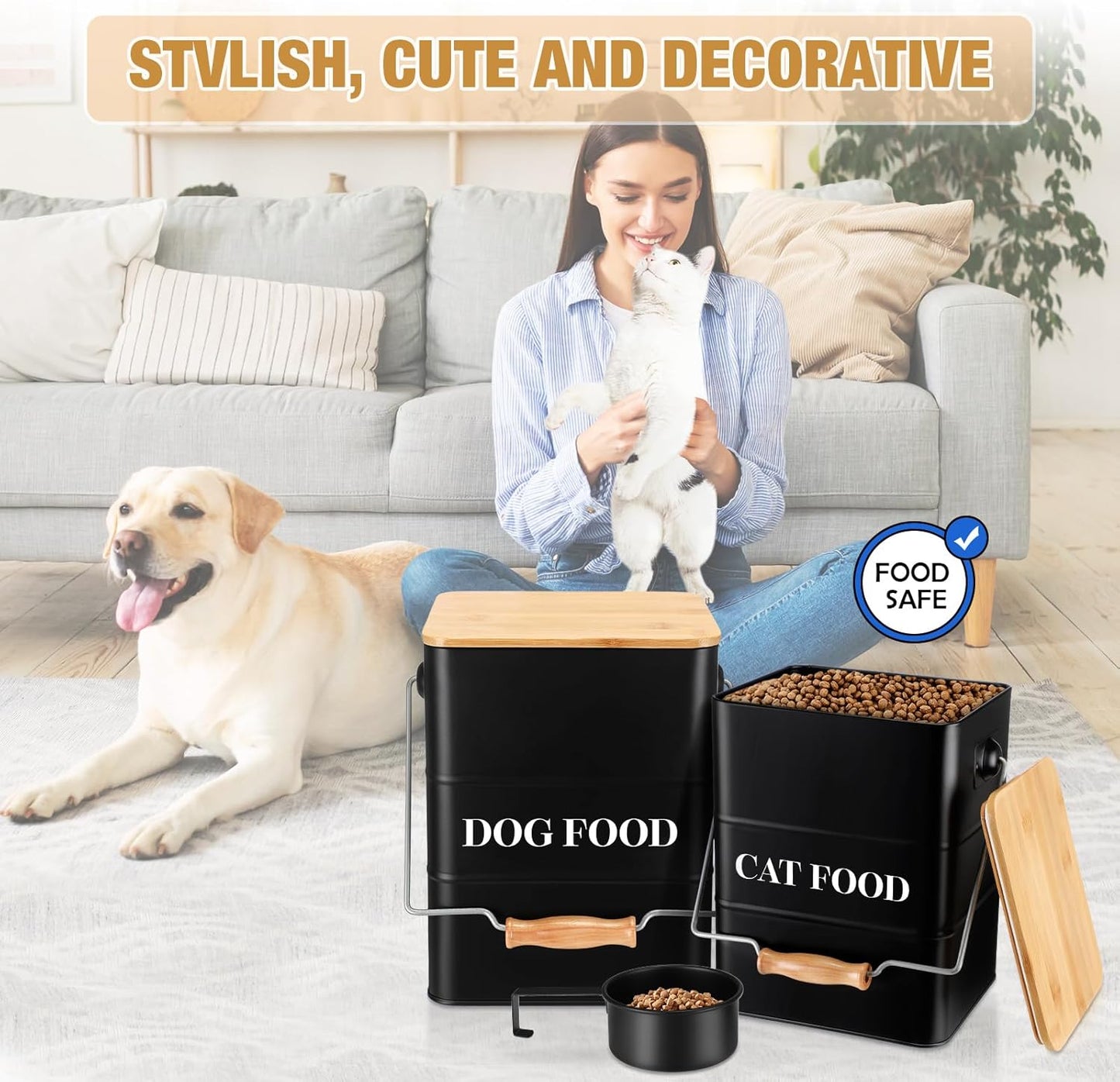 Tioncy 2 Pcs Metal Dog and Cat Food Storage Containers Big Pet Food Containers with Bamboo Lids and Spoon Airtight 5-7 Lbs Dog Cat Treat Snack Jars with DIY Labels for Kitchen Counter(Black)