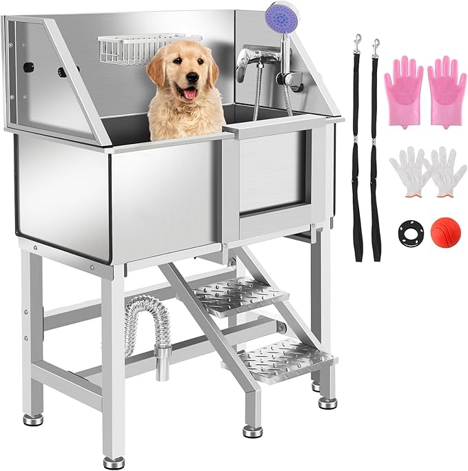 Professional Stainless Steel Dog Bathing Station, Dog Grooming Tub, with Stairs, Floor Grate & Faucet for Dog Bathtub for Large, Medium & Small Pets,34" R-RAMP