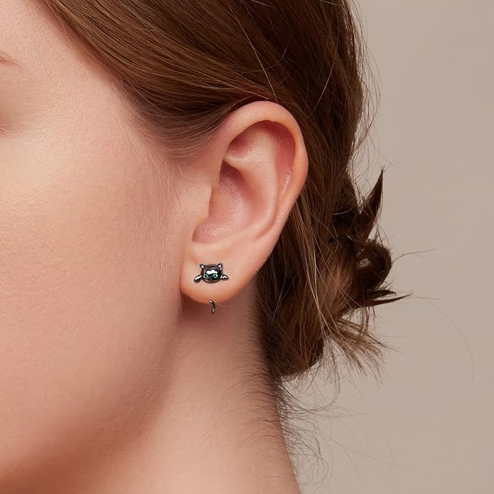 BISAER 925 Sterling Silver Half Huggie Hoop Earrings Cute Cat Dog Panda Animal Earrings for Women Jewelry Gifts