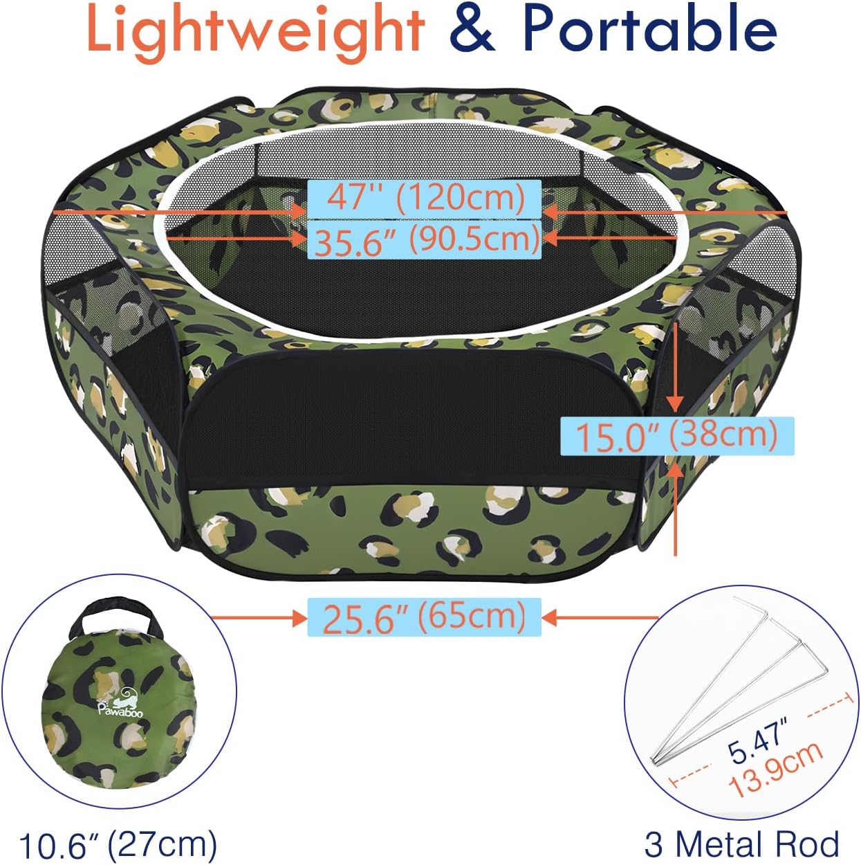 Pawaboo Small Animals Playpen, Waterproof Small Pet Cage Tent with Zippered Cover, Portable Outdoor Yard Fence with 3 Metal Rod for Chick/Kitten/Puppy/Guinea Pig/Rabbits/Hamster, Leopard Print