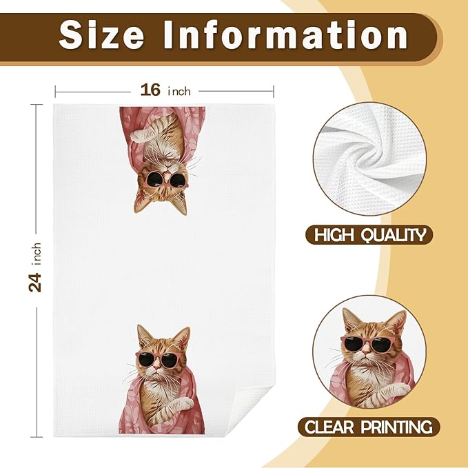 Trendy Tabby Cat Kitchen Towels, Orange Cat Lovers Mom Lady Gifts Decorative Dish Tea Towels for Kitchen, Cute Kitten Kitty Hand Towels for Bathroom, 16x24 Inch