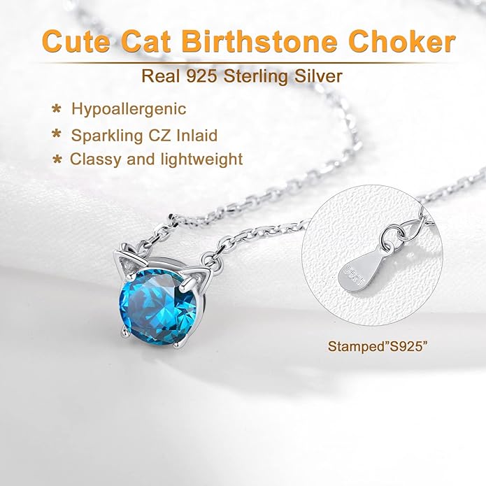 SILVERCUTE Sterling Silver Birthstone Necklace for Women,Dainty Silver Pendant Necklace with Round Cubic Zirconia,16"-18"