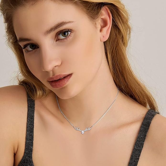SILVERCUTE Sterling Silver Birthstone Necklaces for Women, Xmas Antler Deer Pendant Necklace with Colorful Cubic Zirconia,16-18 inches